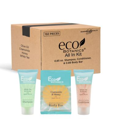 Eco Botanics Hotel Soaps and Toiletries Bulk Set | 1-Shoppe All-In-Kit Amenities for Hotels & Airbnb | 0.85 oz Hotel Shampoo & Conditioner 0.89 oz Bar Soap Travel Size | 150 Pieces 3pc Set