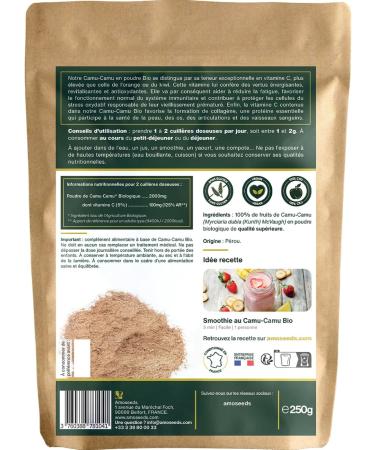 Camu-camu en poudre BIO 250G | 125% apports en Vitamine C | 100% Naturel et Pur | Immunit Vitalit Antioxydant | Sans OGM sans Conservateurs | Qualit Sup rieure - Buy Online on GoSupps.com
