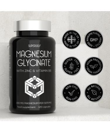High Strength Magnesium Glycinate Supplement 300mg with Zinc & Vitamin B6 - 120 Capsules - UK Made Chelated Complex - Buy Online on GoSupps.com