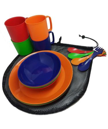 Camping Mess Kit 4 Person Dinnerware Set with Mesh Bag - Complete Dish Set Includes Plates, Bowls, Cups and Sporks - Perfect for Backpacking, Hiking, Picnic and Much More