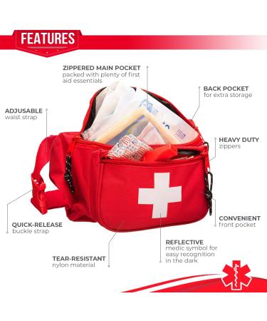 NOVAMEDIC First Aid Fanny Pack with 75 Emergency Essentials - Red Waist Bag for Lifeguard, Hiking, Travel - Adjustable Strap - Durable & Stocked - Buy Online on GoSupps.com