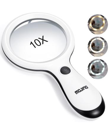 Magnifying Glass with Light, MOJINO 10X Lighted Large Handheld Reading Magnifier Glasses with 18 LED Lights for Macular Degeneration, Seniors & Kids Reading, Inspection, Coins, Jewelry, Exploring White
