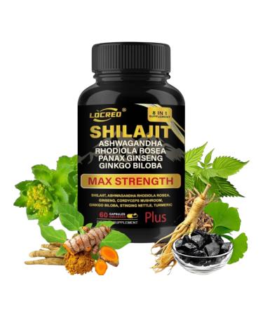 LOCRED Shilajit Capsules for Men & Women 8 in 1 with Shilajit 18000 mg Ashwagandha Ginseng Ginkgo Rhodiola Cordiceps Natural Energy & Stamina Supplement for Men 60 Capsules.