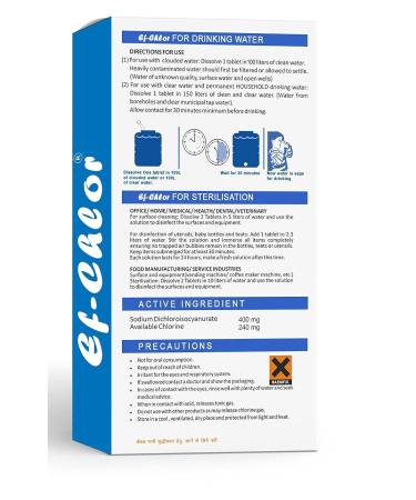 Ef-Chlor Water Purification 64 Tablets - 400mg Portable Drinking Water Purification & Sterilization Tablet Ideal for Emergencies Survival Purifies 26.4 Gallons - 39.62 Gallons in 1 Tablet - Buy Online on GoSupps.com