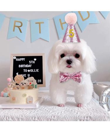 Dog Birthday Hat Dog Birthday Bandana Girl Hat Kit Bow Tie Collar With Gold Number for Pet Birthday Decorations Pet Puppy Cat Costumes Headwear Accessories Pink - Buy Online on GoSupps.com