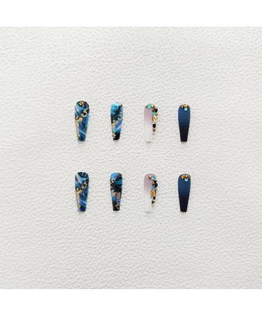 Blue Coffin Press on Nails with Gold Foil & Rhinestone Design - 24Pcs Medium Fake Nails for Women and Girls - Buy Online on GoSupps.com