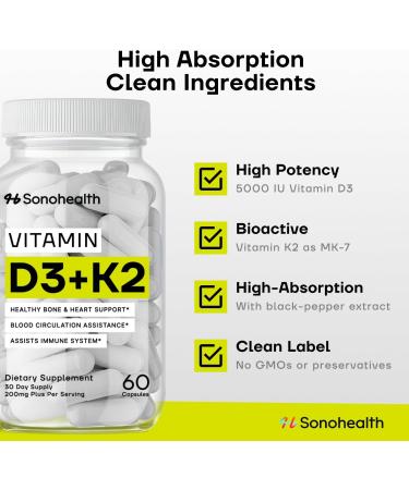 Vitamin D3 + K2 with BioPerine High Absorption 3-in-1 Formula Vegan-Friendly Non-GMO Gluten-Free Supports Bone Heart and Immune Health 60 Capsule 1 Count (Pack of 60) - Buy Online on GoSupps.com
