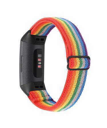 YONWORTH Adjustable Elastic Nylon Watch Band Compatible with Fitbit Charge 4/Charge 3/SE Bands, Stretch Breathable Nylon Sport Solo Loop Strap Soft Replacement Wristband for Women Men Rainbow Multicolor