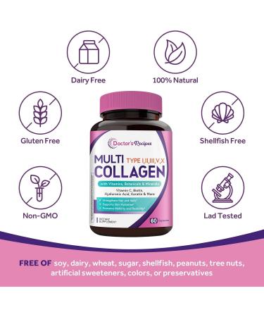 Doctor's Recipes Multi Collagen Peptides Type I II III V X 1000 mg Per Serving Vitamin C Biotin Hyaluronic Acid Keratin Turmeric for Hair Nails Skin Stay Active Antioxidant 60 Caps - Buy Online on GoSupps.com