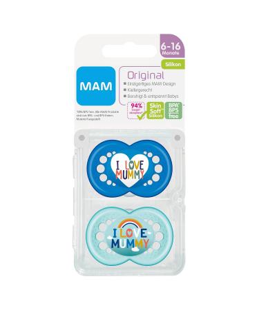 MAM Original Silicone Pacifier Set - Tooth-Friendly Baby Soothers (6-16 Months) - Skinsoft Silicone with Case - I Love Mummy Turquoise - Buy Online on GoSupps.com
