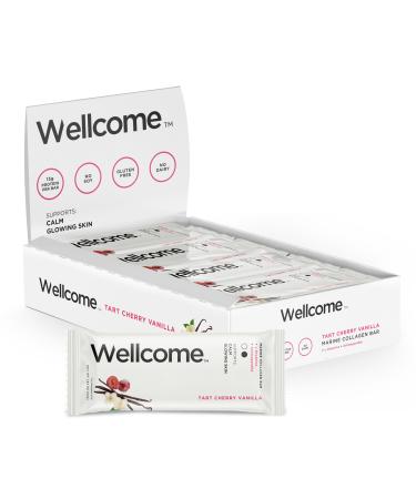 Wellcome Tart Cherry Vanilla Marine Collagen Protein Bar with Ashwagandha and L-Theanine - Adaptogenic Snack Bar - Dairy Free Health Bar for Functional Active Lifestyle (Pack of 12)
