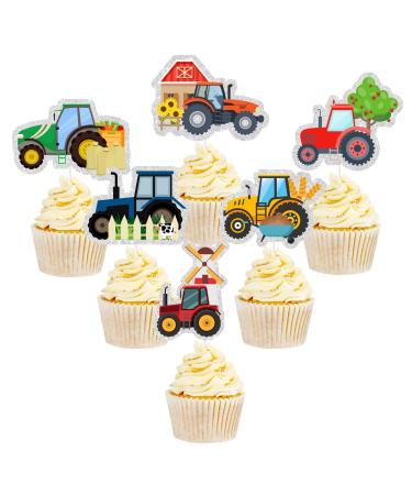 Colorful Farm Tractor Cupcake Toppers Tractor Themed Happy Birthday Dessert Toppers - Barnyard Cartoon Cupcake Decor - Baby Shower Party Decoration
