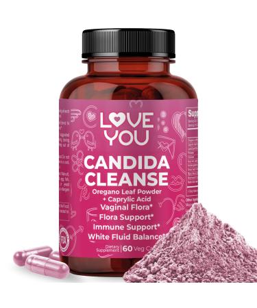 Love You Candida Cleanse - Herbal & Probiotic Complex with Oregano Leaf Caprylic Acid Probiotics Aloe Vera & Wormwood - Digestive & Flora Balance Support - 60 Veg Caps