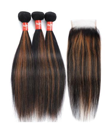 Haha Brown Highlight Ombre Human Hair Bundles with Closure - 10A Remy Virgin Hair Weave - Colored Balayage - 3 Bundles + 4x4 Lace Closure Free Part - 12 12 12 + 10 Inch FB30 - Buy Online on GoSupps.com