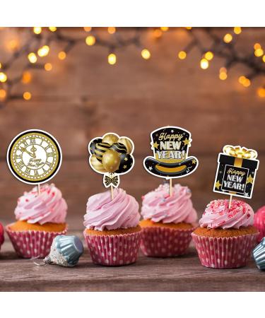 Happy New Year Cupcake Toppers Gold and Black Cupcake Toppers Picks for New Years Eve Party Dessert Decoration Supplies 32 Pieces - Buy Online on GoSupps.com