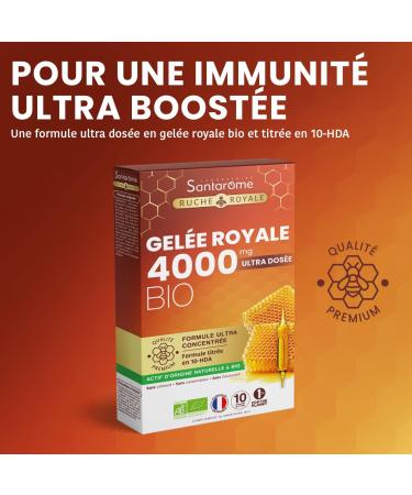 Santarome - Ruche Royale - Royal Jelly 4000 MG Bio - Fomrule ultra dosed & ultra concentrated titrated in 10-HDA - Food supplement immunity - Fatigue immune system - 10 ampoules - France - Buy Online on GoSupps.com