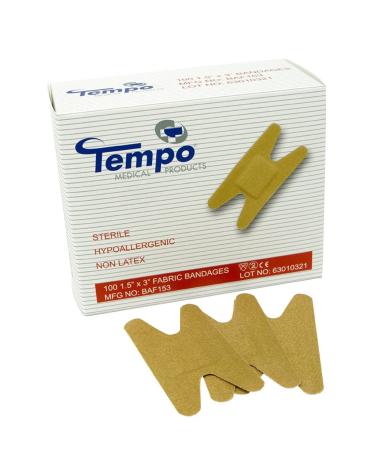Tempo Adhesive Fabric Knuckle Bandage 1.5 x 3 Sterile Non Latex Hypoallergenic 100 EA/BX & 60 BX/CS BAF153