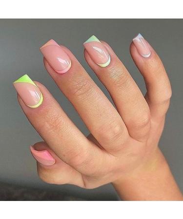 Square False Nails Short 24Pcs Wavy Fake Nails Short Nude Fake Nails Nails Fake Nail for Nails Art Acrylic Full Cover Nails Tips with Glue for Women Girls (French Multicolor Gradient) - Buy Online on GoSupps.com