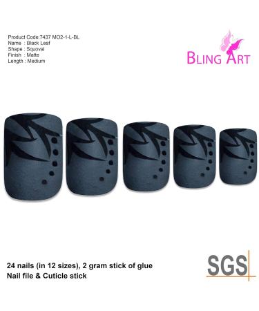 Shop Bling Art Black Leaf Matte French Squoval False Nails - 24 Stylish Fake Nail Tips for Perfect Manicure - Buy Online on GoSupps.com