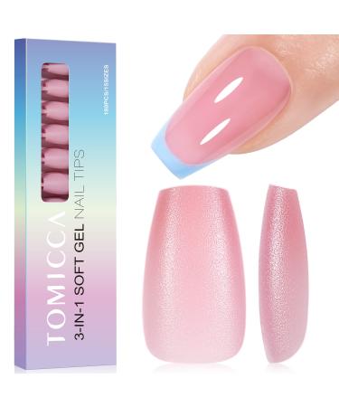 TOMICCA Short Coffin Nail Tips 180PCS Soft Gel Nails Tips 3 in 1 Base Coat Coverage No Filed pre-colored Press on nail tips Matte Full Coverage Nail Tips for Nail Art Extensions15 sizes-Light Pink Short Coffin- pink