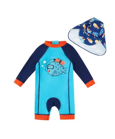 upandfast Baby Boy Swimwear Infant One Piece Zip Swimsuit UPF 50+ Sun Protection Toddler Bathing Suit with Sun Hat 6-9 Months Blue Fish