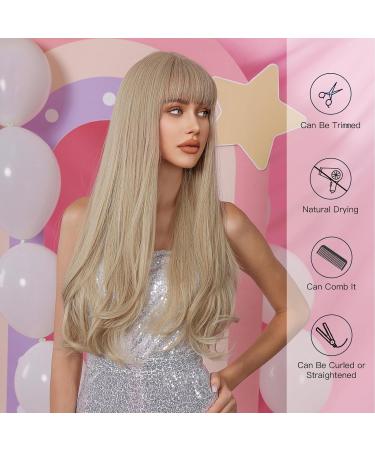Allbell Long Wavy Blonde Wigs for Women | Cosplay & Halloween Heat-Resistant Synthetic Hair with Bangs - Naturally Looking Warm Blonde - Buy Online on GoSupps.com