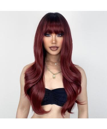 XIXIBI Wine Red Long Wavy Wig with Bangs - Ombre Burgundy Synthetic Hair (26 Inch) - Buy Online on GoSupps.com