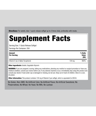 Piping Rock Vitamin E 200 IU Softgels - 250 Capsules | High-Potency Non-GMO Gluten Free Supplement - Buy Online on GoSupps.com
