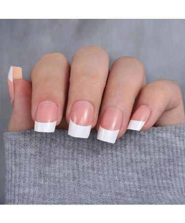 French Square False Nails Set - 24PCS Gloss Nude White Full Cover Press on Nails with Jelly Glue - Short Square White Fake Nails for Women and Girls - Buy Online on GoSupps.com
