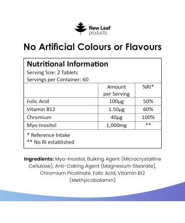 Myo-Inositol PCOS Supplement with Folic Acid, Vitamin B12 & Chromium - Hormone Balance for Women - 120 Vegan & Gluten-Free Tablets by New Leaf - Buy Online on GoSupps.com