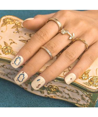 Sethexy Short Square False Fingernails - Glossy White & Blue Acrylic Press-On Nails with Glue | 24 Stylish Nail Tips for Women & Girls - Buy Online on GoSupps.com