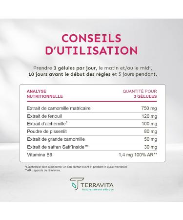 Feminine Cycle | Dietary Supplement Pain and Premenstrual Syndrome | With Chamomile Dandelion Vit B6 and Safr Inside Patented Saffron | 45 Vegan Capsules | Made in France | Terravita - Buy Online on GoSupps.com
