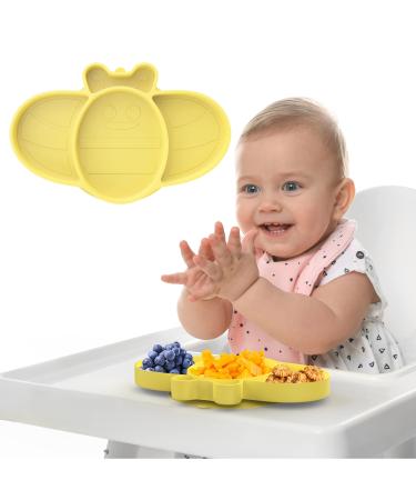 Bee Bright Baby Suction Plate Non Slip Silicone Baby Weaning Plate No More Meal Time Mess Stay Put Toddler Feeding Plate with Suction Dishwasher Safe (Yellow)