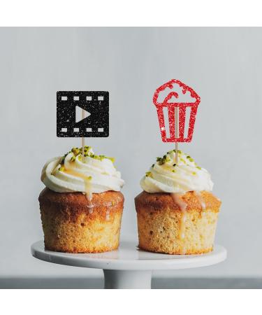Movie Cupcake Toppers Hollywood Baby Shower/Birthday Party Decor Roll Camera Popcorn Sign Dessert Picks Movie Night Themed Party Decoration - Black & Red Glitter - Buy Online on GoSupps.com