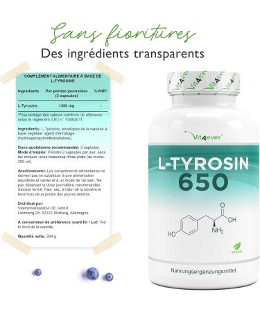 L-Tyrosine - 240 capsules - 1300 mg per daily serving - 4 months supply - Vegan - High dosage - Amino acid - Buy Online on GoSupps.com