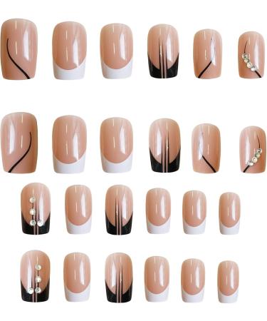 French Tip Press on Nails - Medium Square Press On Nails with Nail Tips Black and white French fake nail glitter diamond Design press on nails Acrylic False Nails Cute Artificial Nails - Buy Online on GoSupps.com