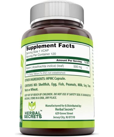 Herbal Secrets Neem 500mg 120 Vegetarian Capsules - Blood Purification, Healthy Immunity & Skin - Non-GMO - 1 Pack - Buy Online on GoSupps.com