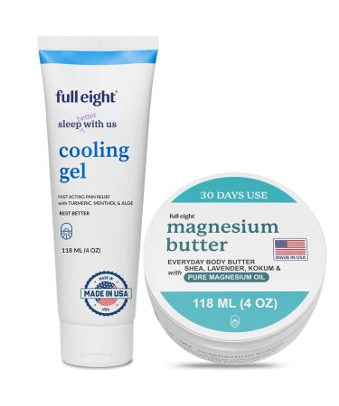 Full Eight Magnesium Body Butter and Fast Acting Cooling Gel Bundle - Calming and Sleep Supporting - Fast Absorbing Deep Penetrating Moisturizing and Calming - Daily and Nightly Creams (4oz each)