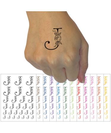 Rose Typewriter Font Capital Letter J Temporary Tattoo Water Resistant Fake Body Art Set Collection - Orange (One Sheet)