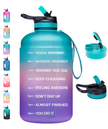 Venture Pal Large 64 oz/Half Gallon Motivational Water Bottle with 2 Lids (Chug and Straw) Leakproof BPA Free Sports Water Jug with Time Marker to Ensure You Drink Enough Water Throughout The Day A1-Green/Pink/Purple Gradient(64oz)