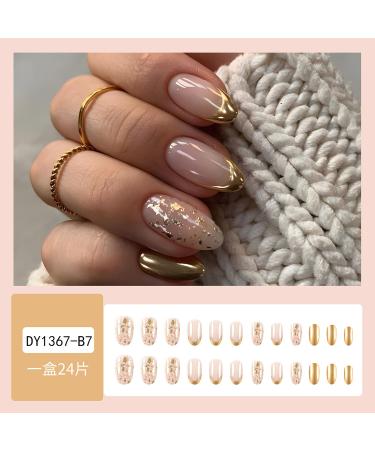 Gold Press on Nails - 24 Pcs Almond French Tip Fake Nails with Gold Foil Designs | Glossy Acrylic Full Cover Nails for Women - Buy Online on GoSupps.com