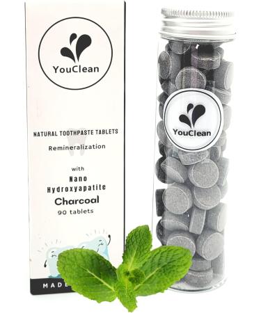 90 Charcoal Mint Toothpaste Tablets - Eco-Friendly Refill Glass Tube Nano Hydroxyapatite Fluoride-Free Vegan - Perfect for Travel & Home Office - Buy Online on GoSupps.com