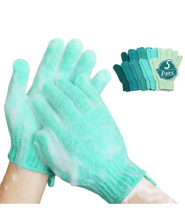 MIG4U Shower Exfoliating Scrub Gloves Medium to Heavy Bathing Gloves Body Wash Dead Skin Removal Deep Cleansing Sponge Loofah for Women and Men 5 Pairs 5 Colors 5 Pairs Green