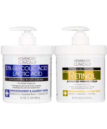 Advanced Clinicals 10% Glycolic Acid + Lactic Acid Exfoliating Body Cream + Retinol Firming Body Cream Set