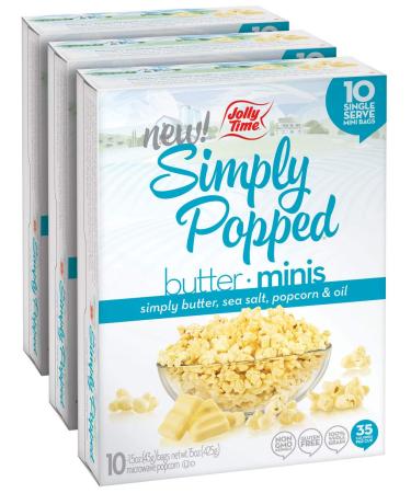 JOLLY TIME Natural Mini's Microwave Popcorn Bags, Single Serving Mini Snack Size, Gluten Free 3 Pack 10 Count Boxes (Butter)