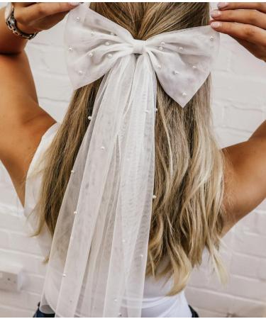 Vakkery Bride Pearl Bow Hair Clip Long Tulle Hair Bow Veil Wedding Bachelorette Party Decoration Bridal Shower Headpiece Hair Accessories for Women and Girls - Buy Online on GoSupps.com