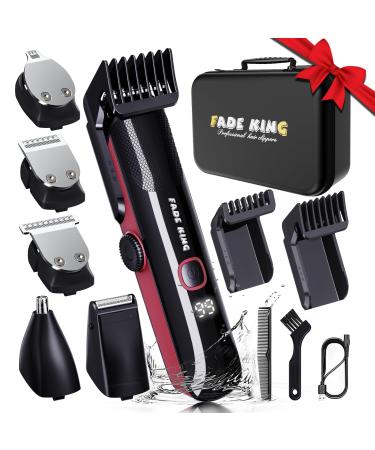 FADEKING All in One Trimmer for Men IPX7 Waterproof - Adjustable Beard Trimmer Hair Clippers Nose Trimmer Electric Razor Shaver for Mustache Nose Body Face Grooming Gifts for Men Dark Red