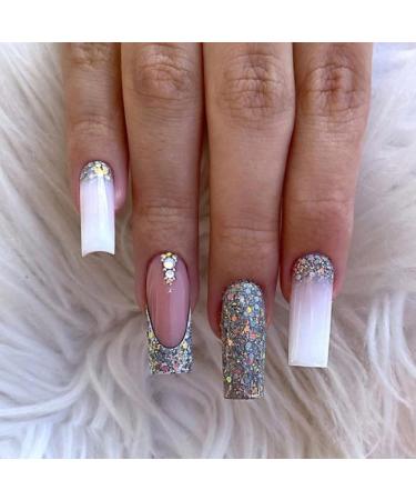 JUSTOTRY 24 Pcs Fake Nails Jewels Long Pink French Press on Nails Patterns Pretty Glitter Ballerina Stick on Nails for Women Acrylic Coffin False Nails Medium with Glue for Nail Art diamonds& coffin2