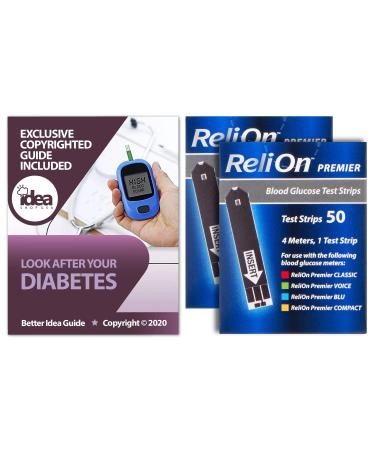 Relion Premier Blood Glucose Test Strips 50ct (2 Pack) Bundle with Exclusive "Look After Your Diabetes" - Better Idea Guide (3 Items)