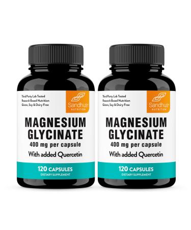 Magnesium Glycinate 400mg High Absorption Capsules with Quercetin | Quality Sleep Relaxation & Muscle Health Supplement for Women and Men | Chelated Magnesium 120 Count (Pack of 2) | Easy to Swallow